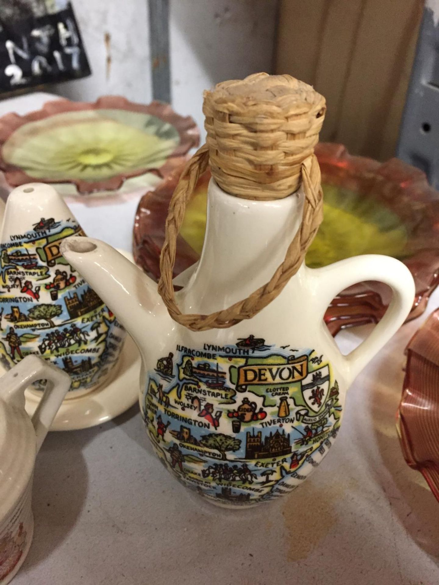 A TORQUAY WARE 'LUCKY CORNISH PIXIE' BOWL, LITTLE RED RIDING HOOD CUPS AND SAUCERS, COLOURED GLASS - Image 4 of 4