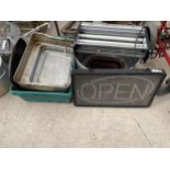 A MIXED GROUP OF ITEMS TO INCLUDE AN 'OPEN' LIGHT UP SIGN, PANS ETC