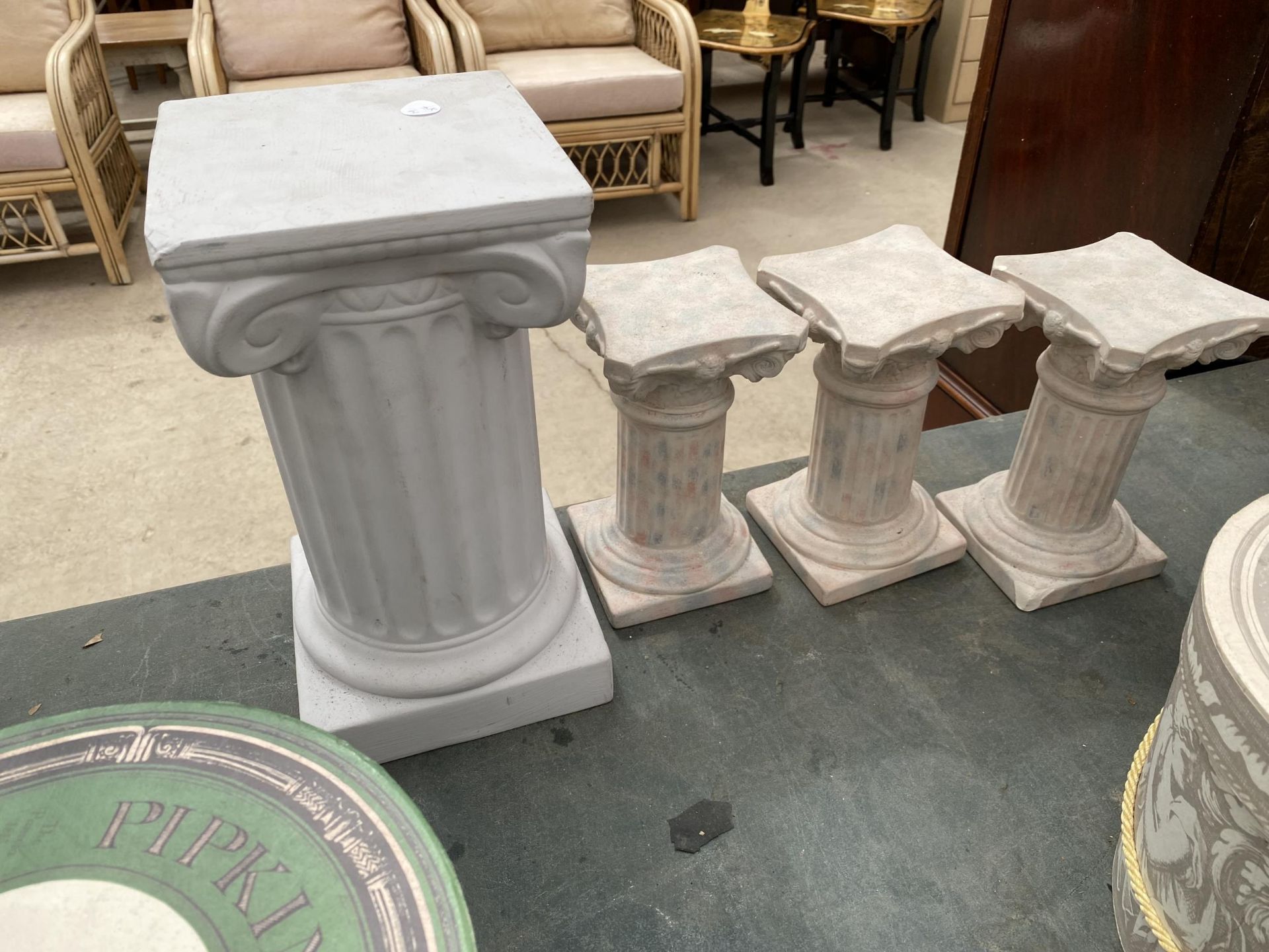 A DECORATIVE GLASS BOWL, HAT BOXES AND FOUR COLUMN STANDS - Image 2 of 4