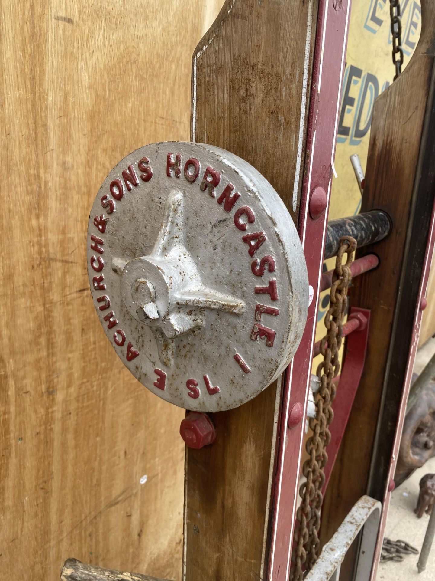 A VINTAGE WOODEN AND STEEL RAILWAY TROLLEY BEARING THE NAME 'ACHURCH & SONS' - Image 4 of 4