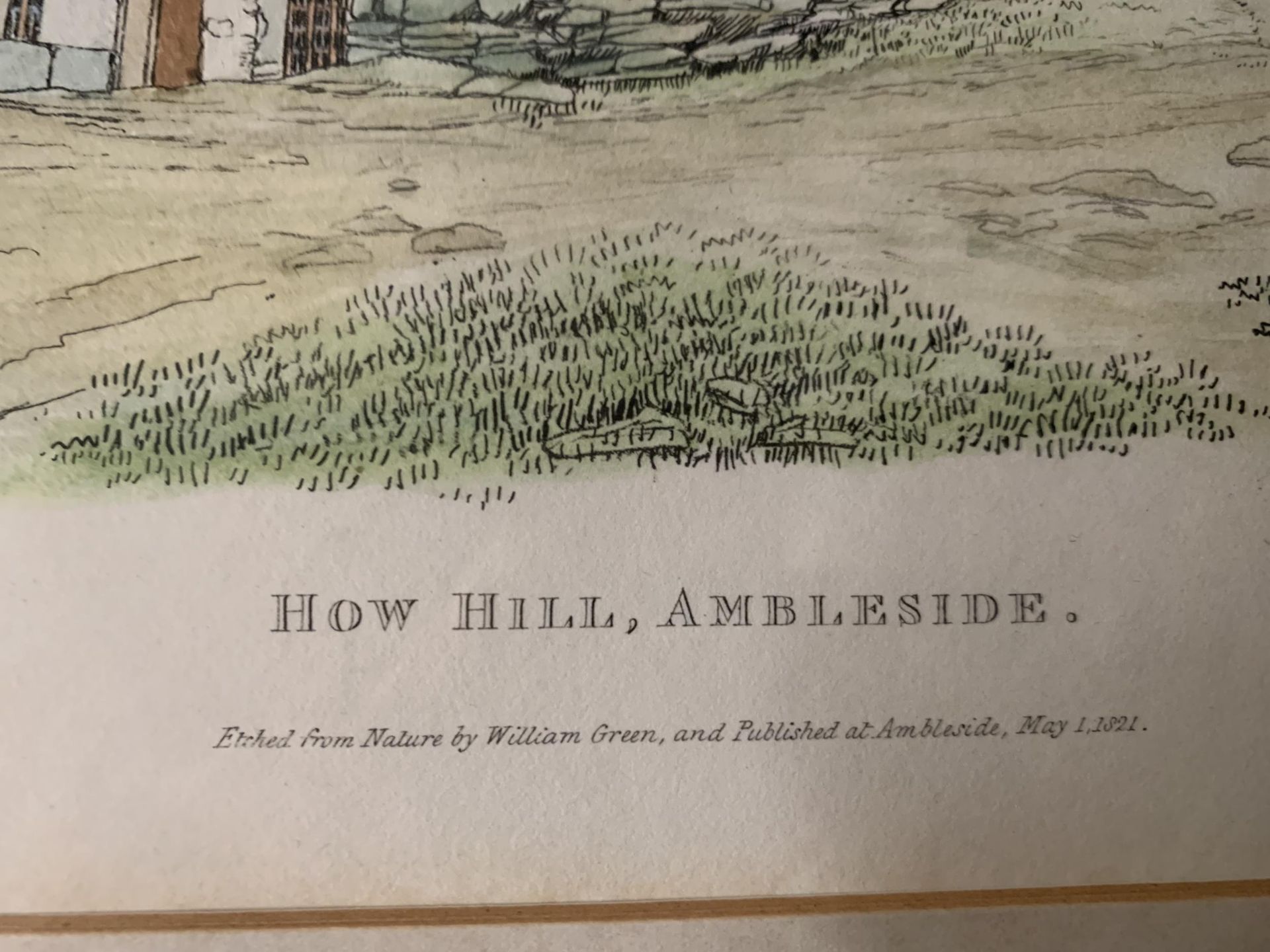 * 'HOW HILL AMBLESIDE' COLOURED PRINT DATED 1821, 25 X 32CM, VERSO WITH PRESENTATION CARD TO JAMES - Image 3 of 5