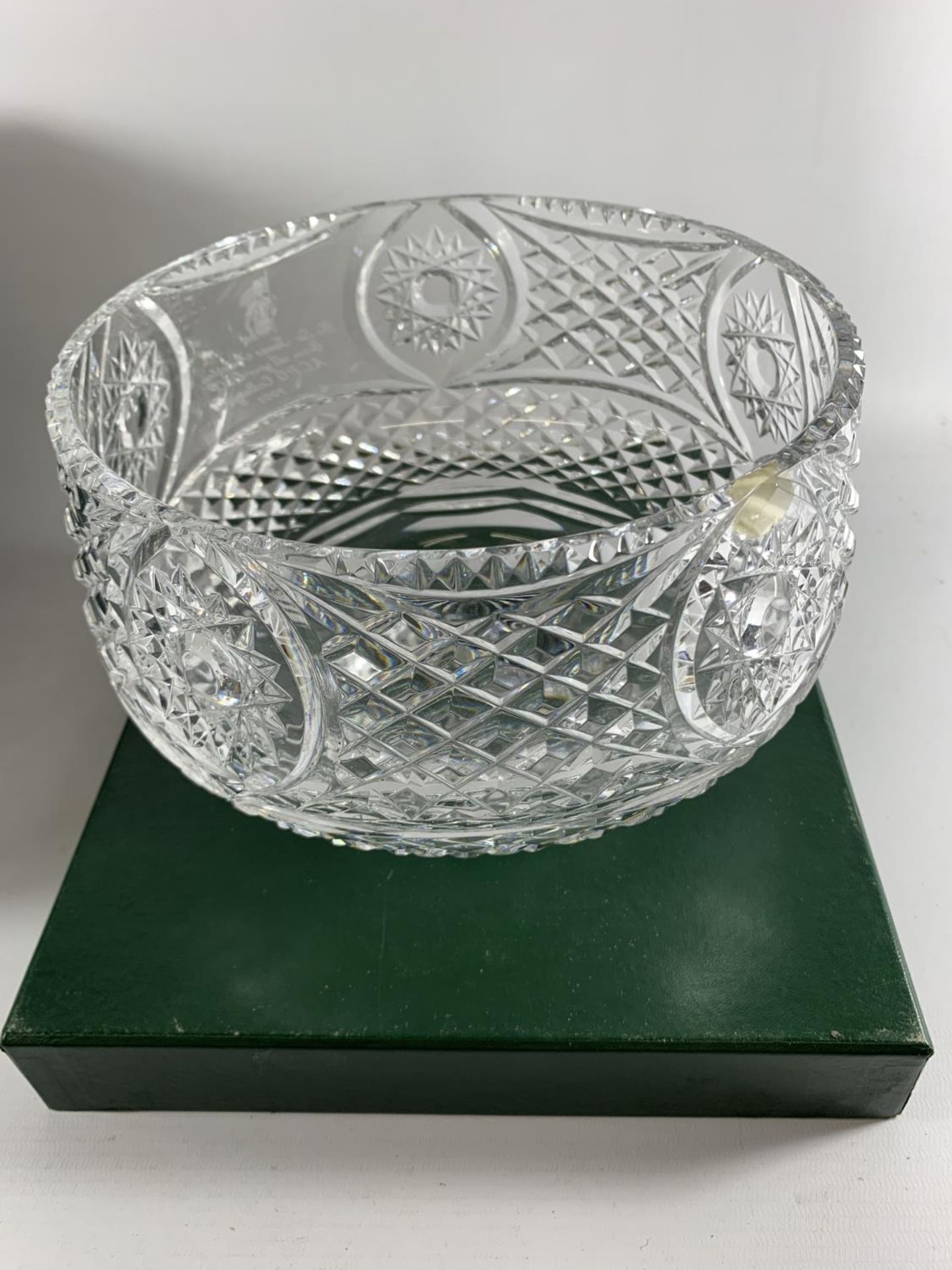 * BOXED TYRONE CRYSTAL 'ARMAGH BOWL' 22CM DIAMETER, HEIGHT 14CM, WITH INSCRIPTION TO SIR JAMES - Image 3 of 9