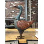 A LARGE VINTAGE METAL DUCK MADE FROM OLD CANS HEIGHT 52CM