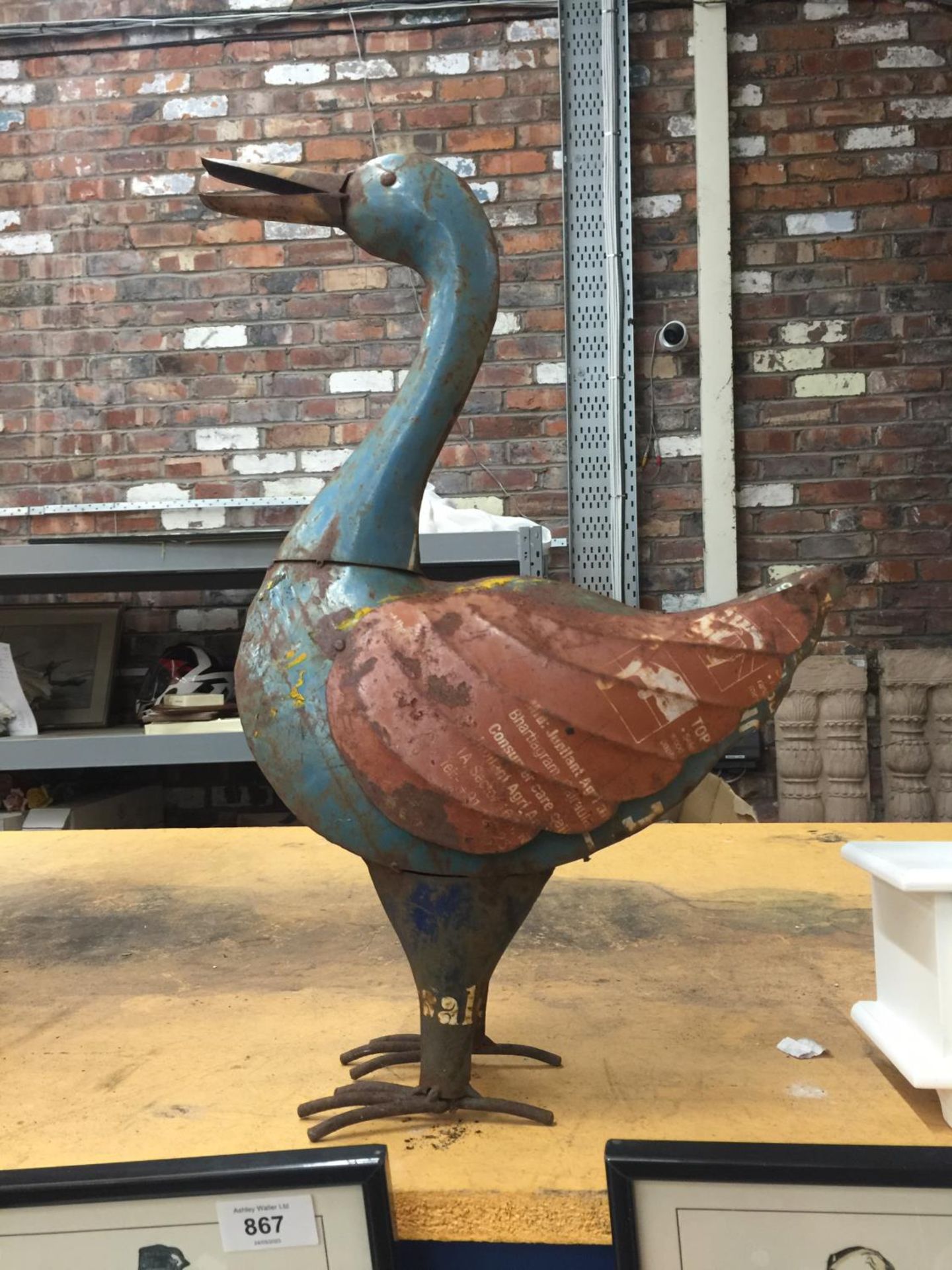 A LARGE VINTAGE METAL DUCK MADE FROM OLD CANS HEIGHT 52CM