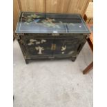 A MODERN TWO DOOR SIDE CABINET WITH APPLIED AND PAINTED CHINOISERIE DECORATION, 30" WIDE