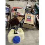 AN ASSORTMENT OF HOUSEHOLD CLEARANCE ITEMS TO INCLUDE PRINTS AND A KNAPSACK SPRAYER