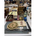 A MIXED LOT OF ASSORTED ITEMS, BOXED ITEMS, DRAUGHT PIECES ETC