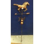 A VINTAGE COPPER EFFECT METAL WEATHER VANE WITH HORSE DESIGN TOP