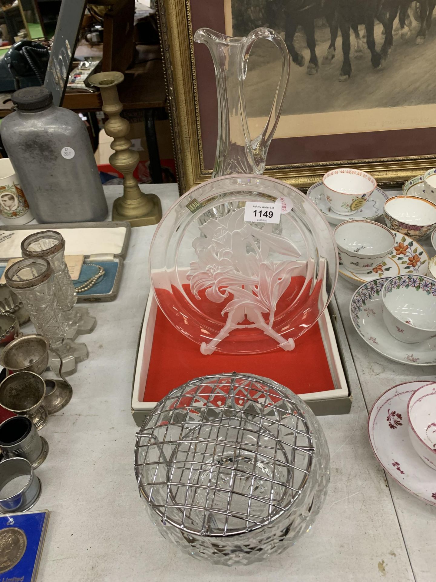 A GROUP OF GLASSWARE , BOXED FLORAL PLATE, DECANTER ETC