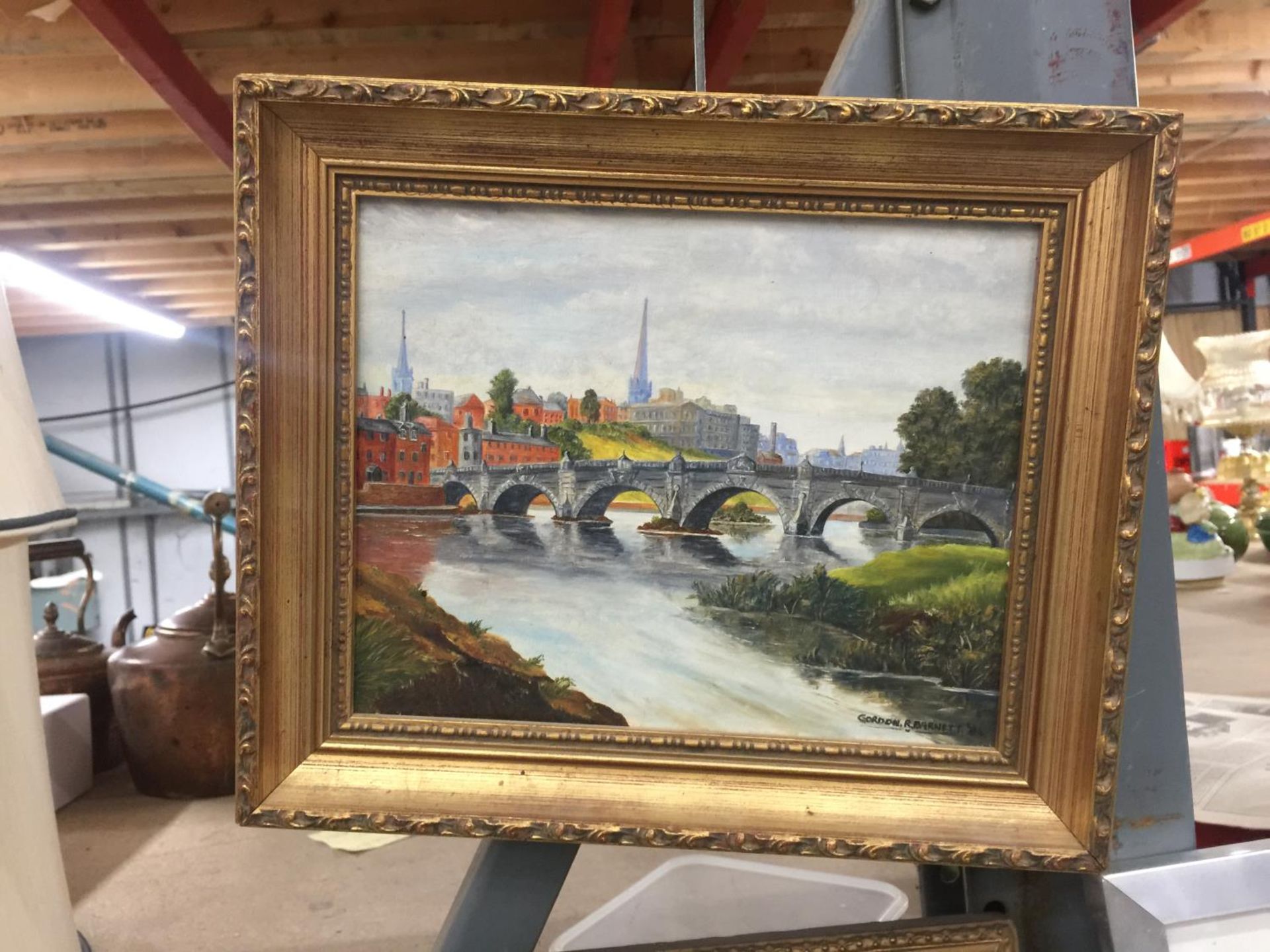 A GILT FRAMED OIL PAINTING 'THE ENGLISH BRIDGE' SHREWSBURY SIGNED GORDON BARNETT