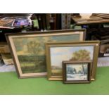 THREE FRAMED PICTURES - TWO MODERN OILS AND LARGE VINTAGE PRINT