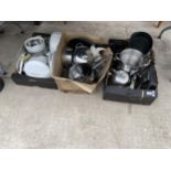 THREE BOXES OF ASSORTED KITCHEN POTS AND PANS