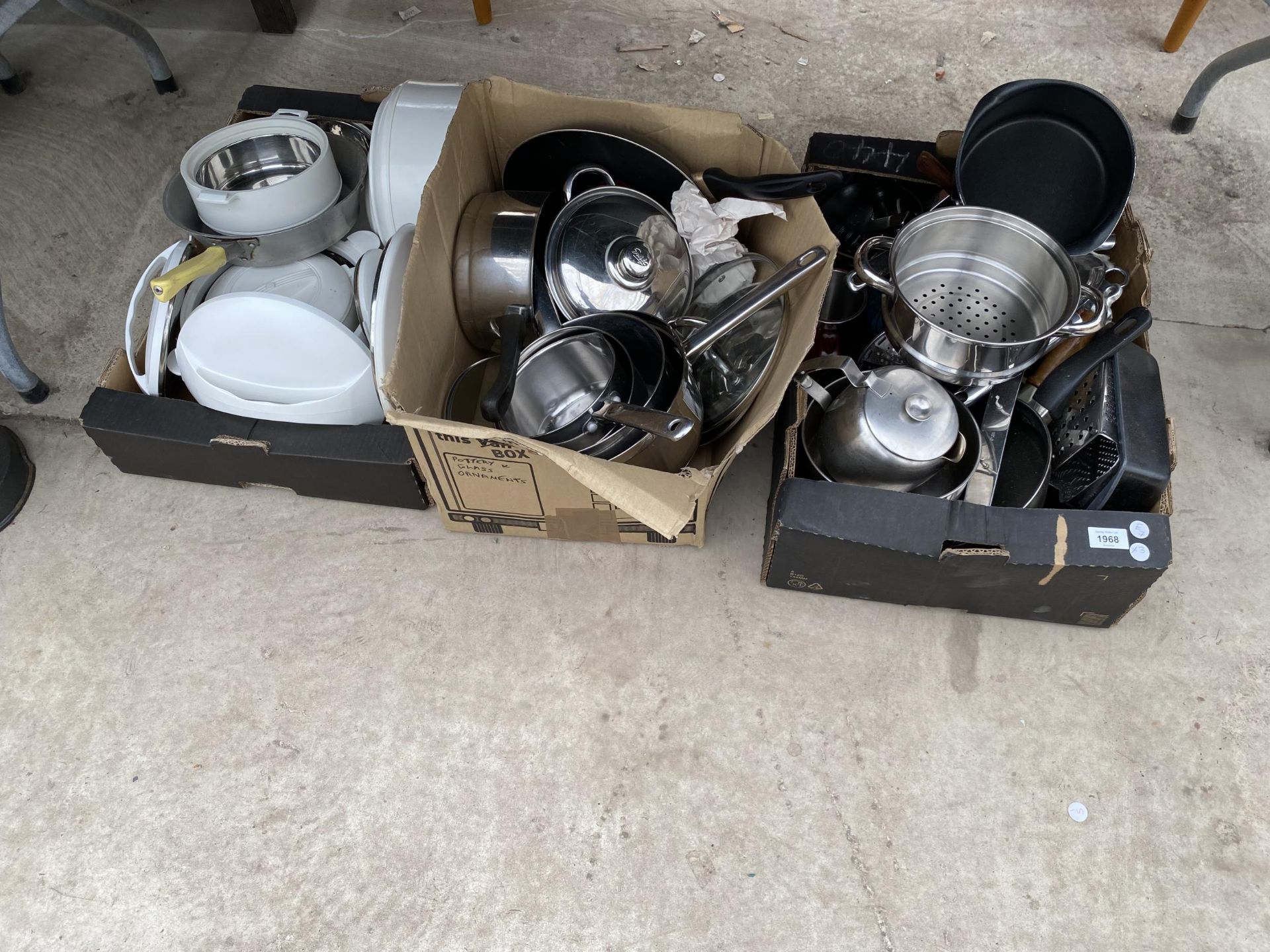 THREE BOXES OF ASSORTED KITCHEN POTS AND PANS