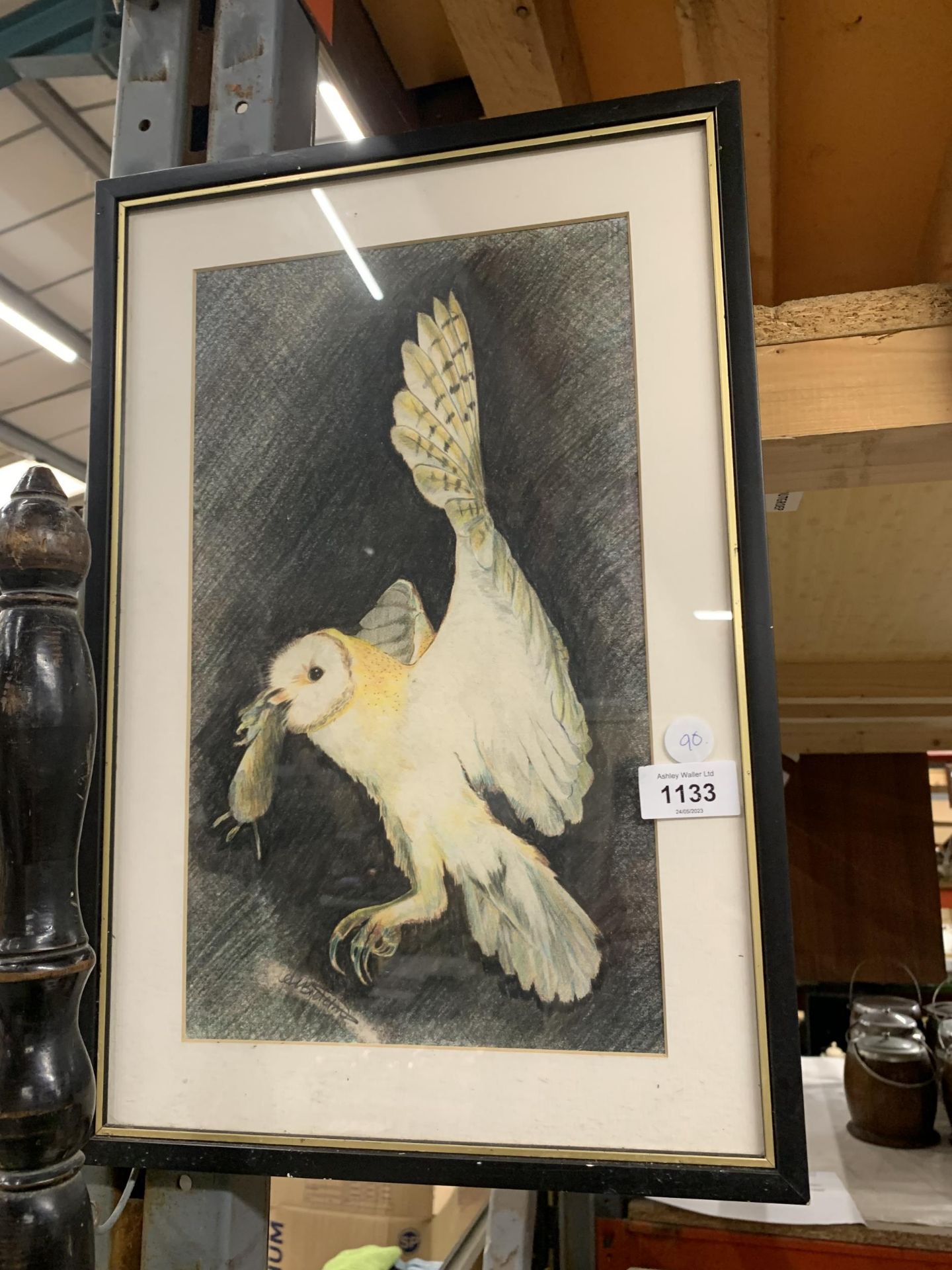 A FRAMED CRAYON DRAWING OF AN OWL, SIGNED