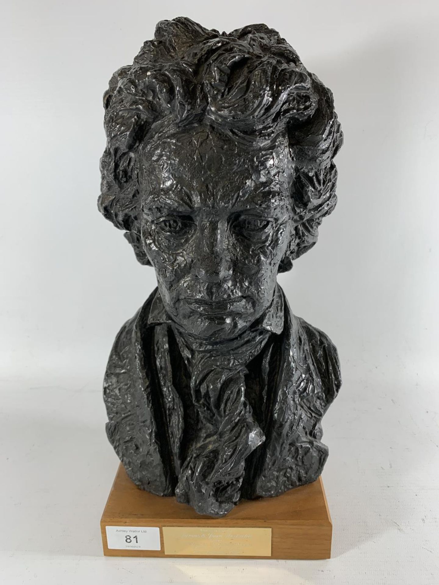 * A PRESENTATION PAINTED PLASTER BUST OF LUDWIG VAN BEETHOVEN, MOUNTED ON WOODEN BASE, HEIGHT 35.
