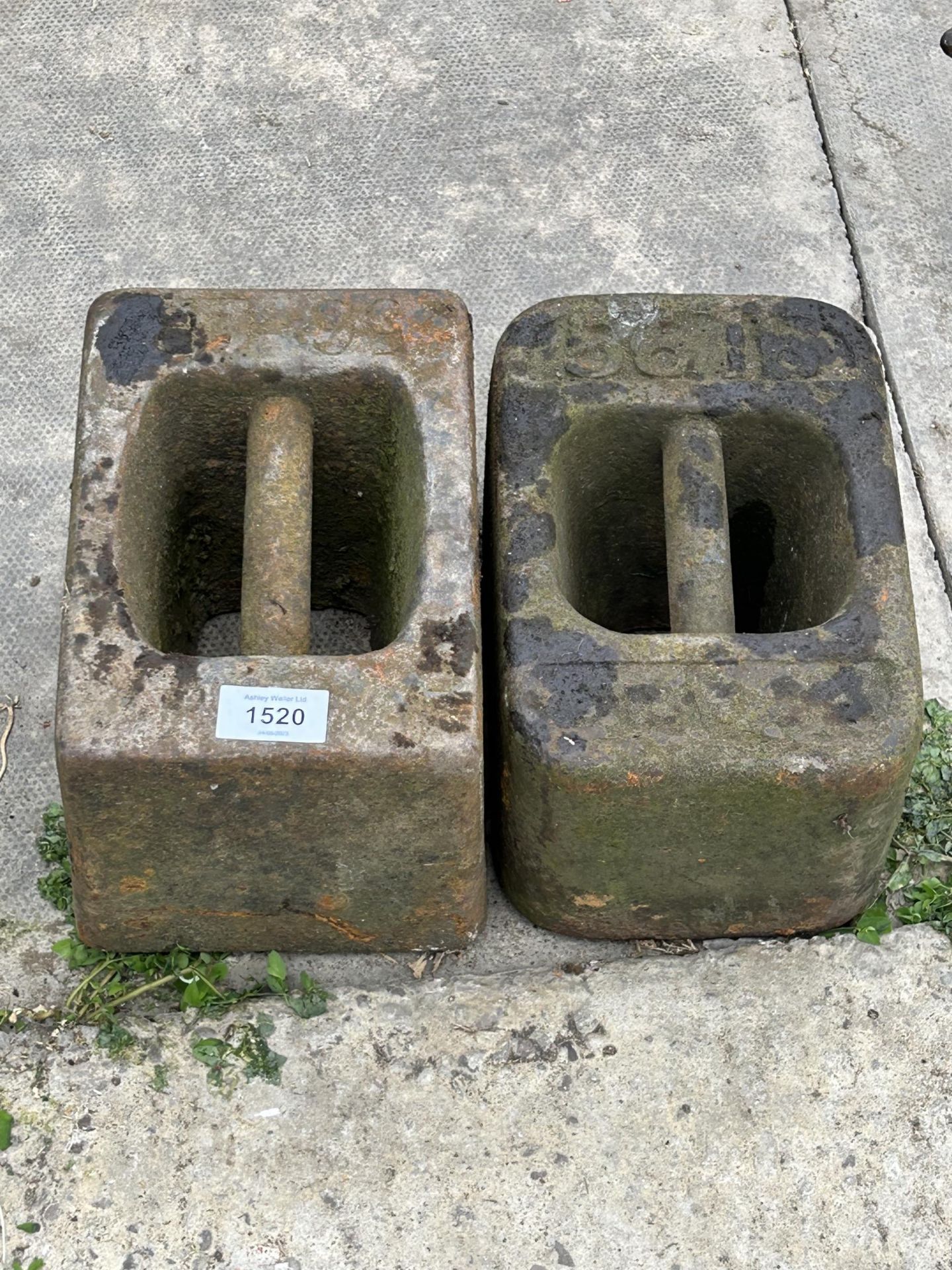 TWO VINTAGE CAST IRON 56LB WEIGHTS