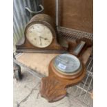 A VINTAGE WOODEN CASED BAROMETER AND A MANTLE CLOCK