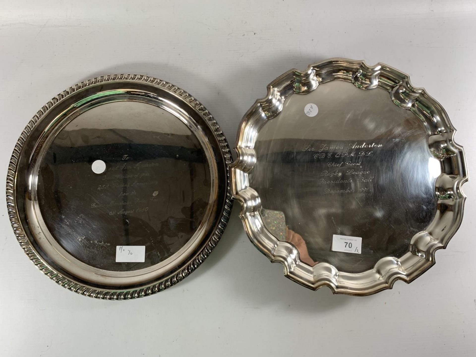 * TWO PRESENTATION SILVER PLATED TRAYS FOR THE ANDERTONS 25TH WEDDING ANNIVERSARY AND RUGBY LEAGUE