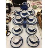 A BLUE DENBY TEASET TO INCLUDE A TEAPOT, BOWLS, CUPS, SAUCERS, ETC - 25 PIECES IN TOTAL