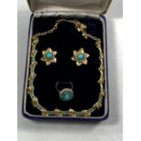 A SET OF TURQUOISE JEWELLERY BY L F PENNY LTD, HONG KONG IN PRESENTATION BOX - A 14 CARAT GOLD RING,