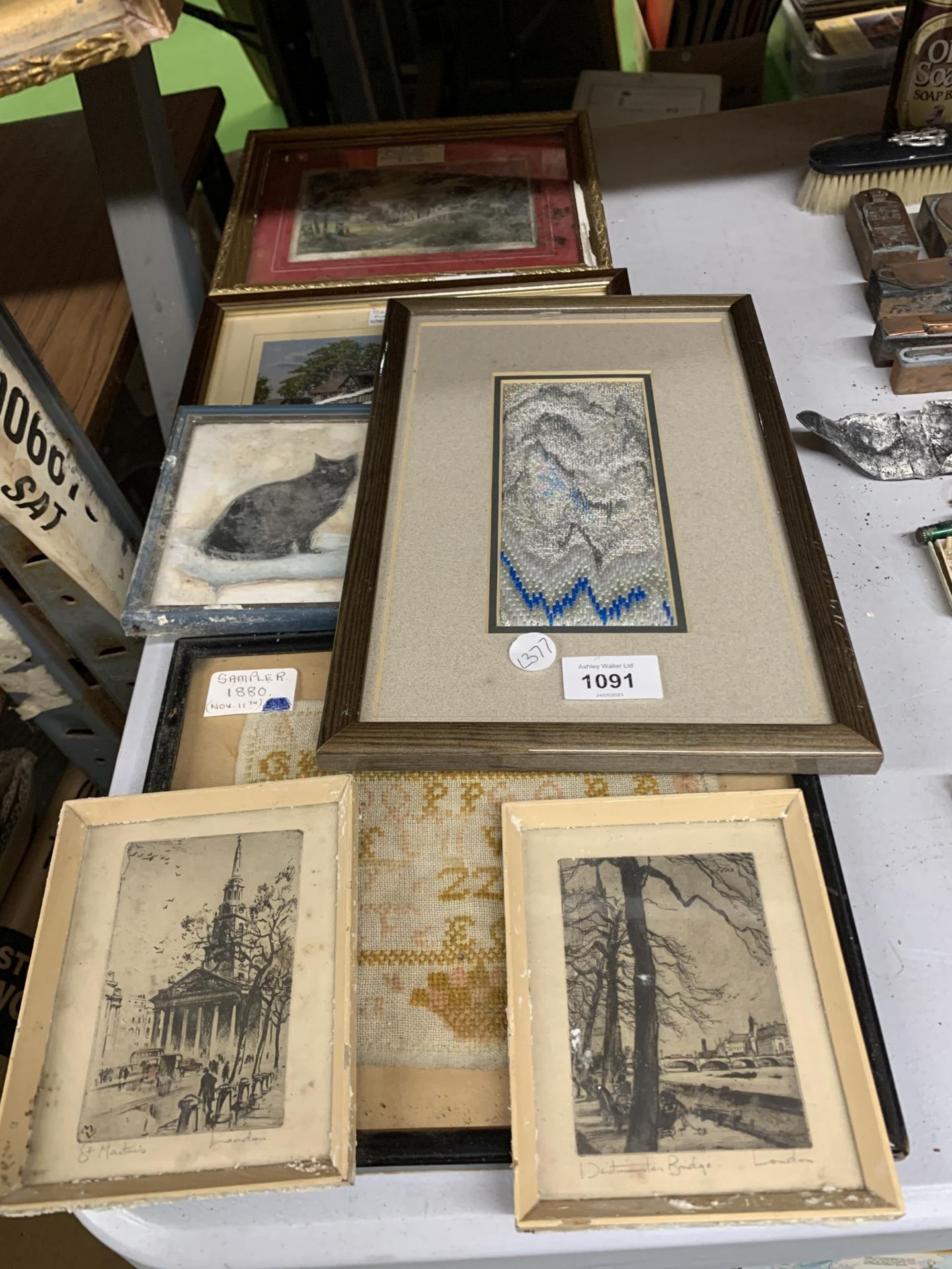 A COLLECTION OF FRAMED PICTURES, 1881 SAMPLER, ENGRAVING ETC