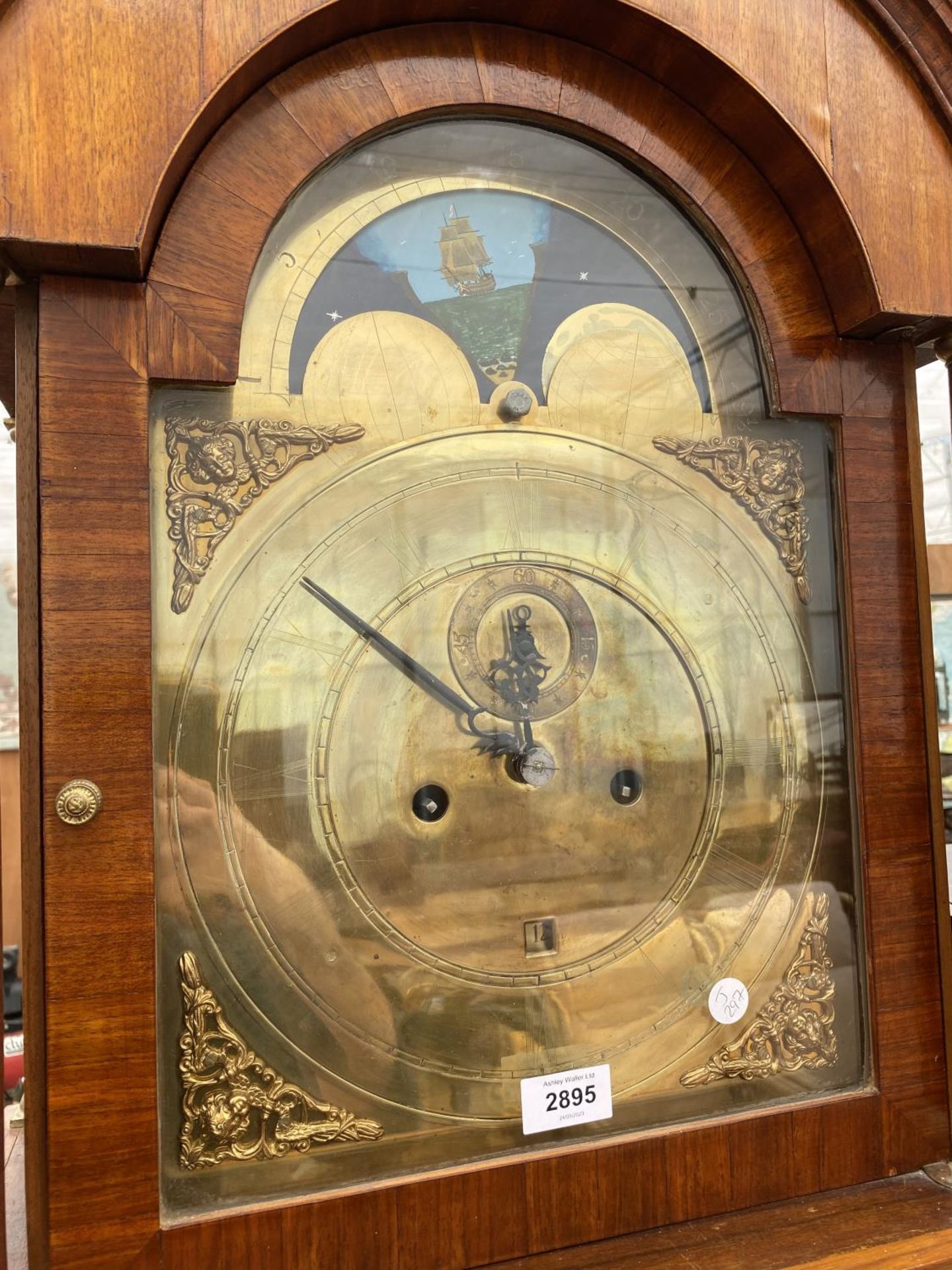 AN EIGHT-DAY BRASS FACED ROLLING MOON LONGCASE CLOCK MOVEMENT, IN LATER CASE - Image 6 of 7