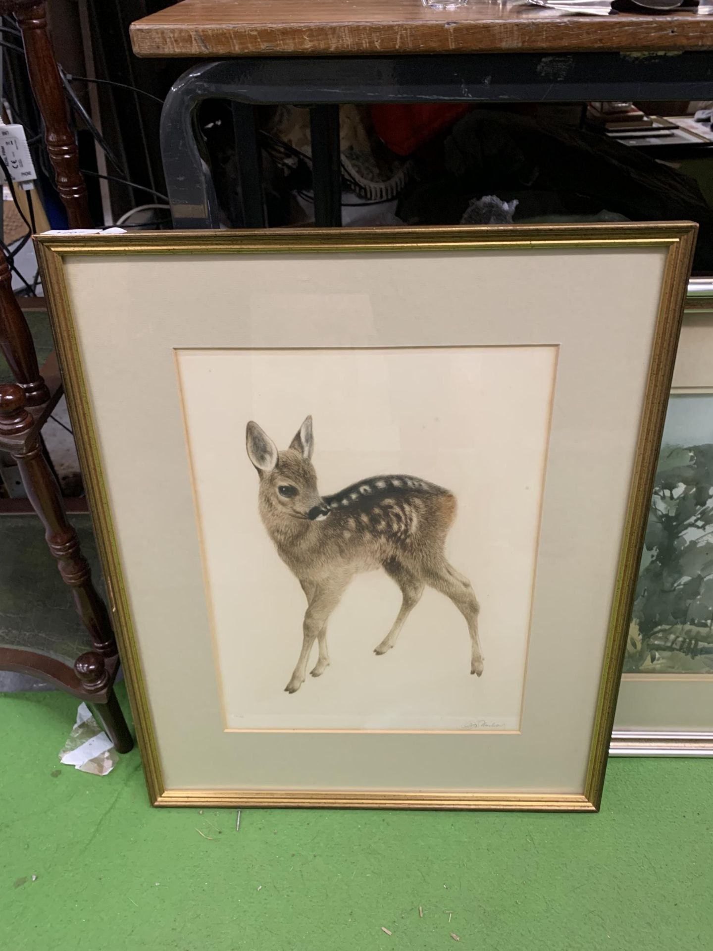 TWO ITEMS - PENCIL SIGNED PRINT OF A DOE AND SIGNED WATERCOLOUR OF A HOUSE - Image 2 of 4