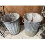 TWO VINTAGE HEAVY GALVANISED DUSTBIN PLANTERS