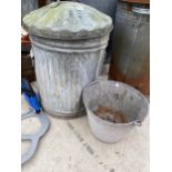 A GALVANISED DUSTBIN WITH LID AND A GALVANISED BUCKET