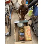 A BOX OF VINTAGE TINS AND CAST SUIT OF ARMOUR COMPANION STAND