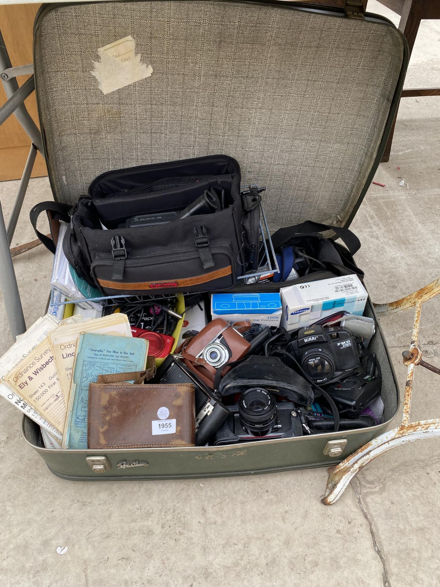 A SUITCASE OF ASSORTED CAMERAS, ORDNANCE SURVEY MAPS ETC