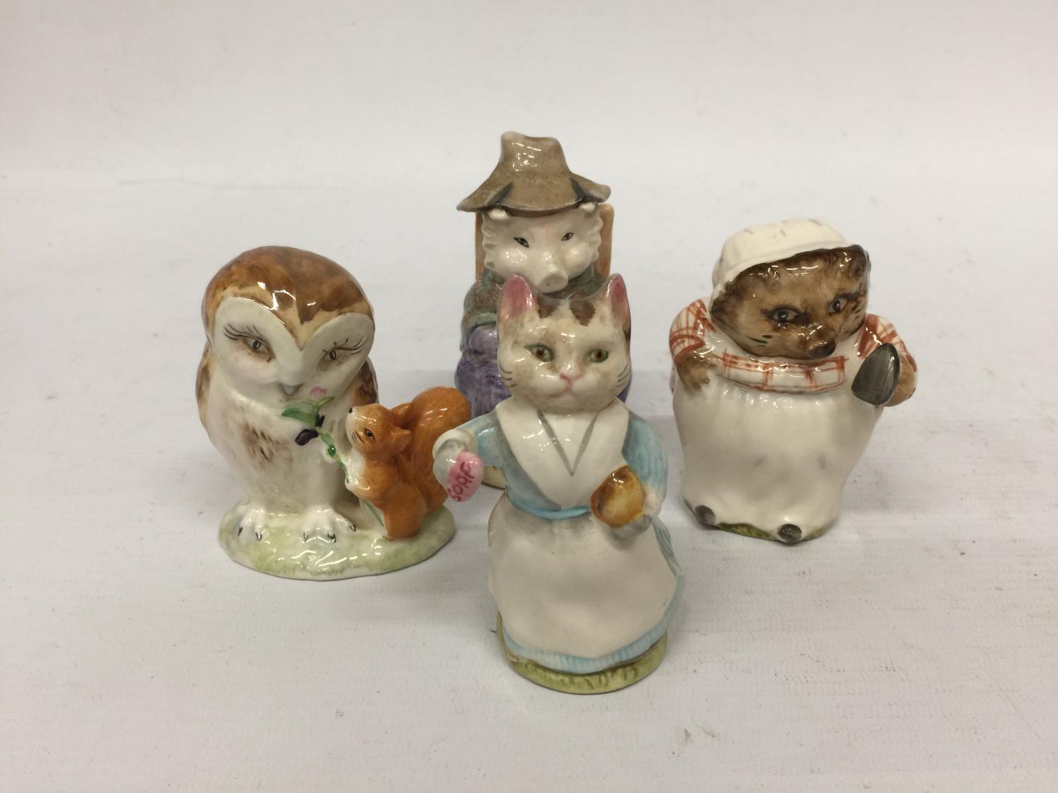 FOUR BESWICK BEATRIX POTTER FIGURES TO INCLUDE AND THIS PIG HAD NONE, MRS TIGGY WINKLE TABATHA