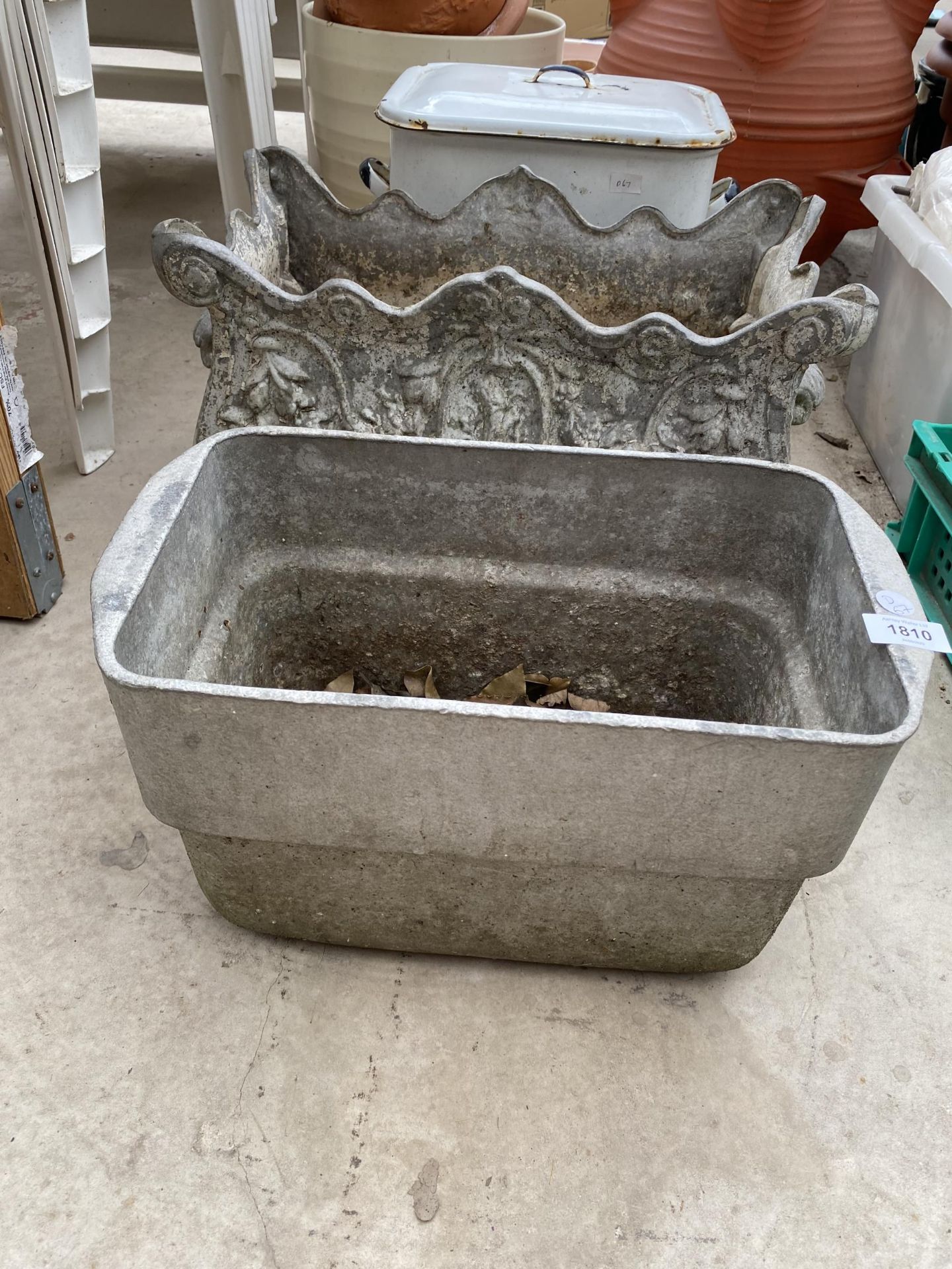 A VINTAGE DECORATIVE METAL PLANTER WITH LINER AND ENAMEL BREAD BIN - Image 2 of 2