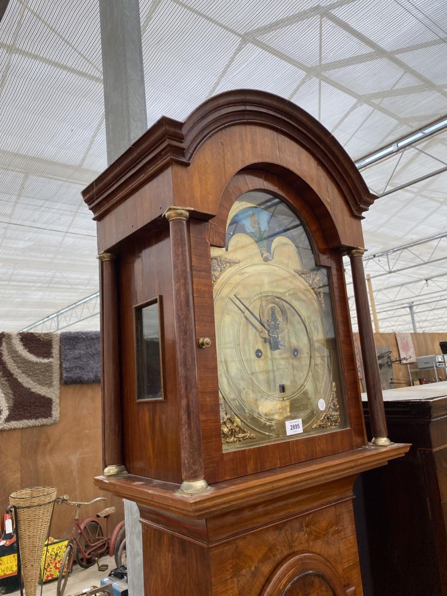 AN EIGHT-DAY BRASS FACED ROLLING MOON LONGCASE CLOCK MOVEMENT, IN LATER CASE - Image 2 of 7