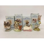 FOUR ROYAL ALBERT BEATRIX POTTER FIGURES TO INCLUDE OLD MR OWL, APPLEY DAPPLY, PETER IN BED AND