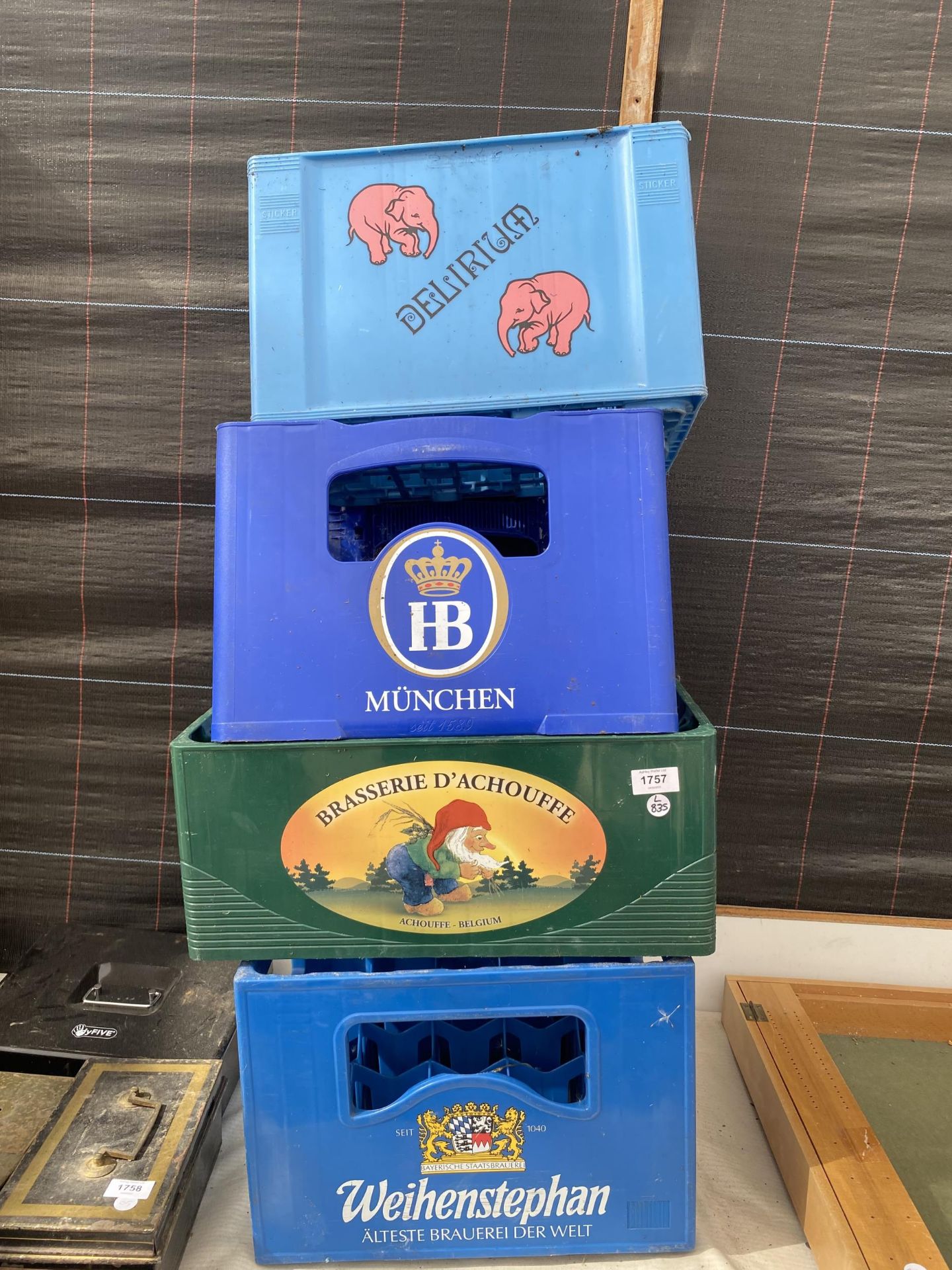 FOUR PLASTIC BEER CRATES, DELIRIUM, MUNCHEN ETC