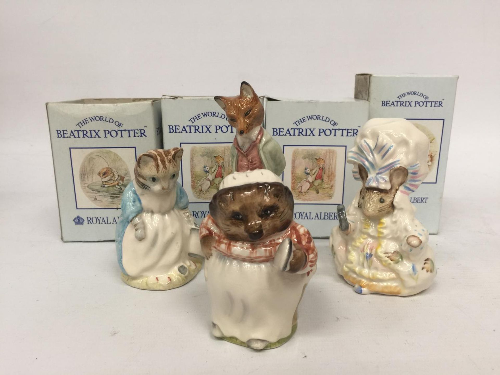 FOUR ROYAL ALBERT BEATRIX POTTER FIGURES IN ORIGINAL BOXES TO INCLUDE RIBBY AND THE PATTY PAN,