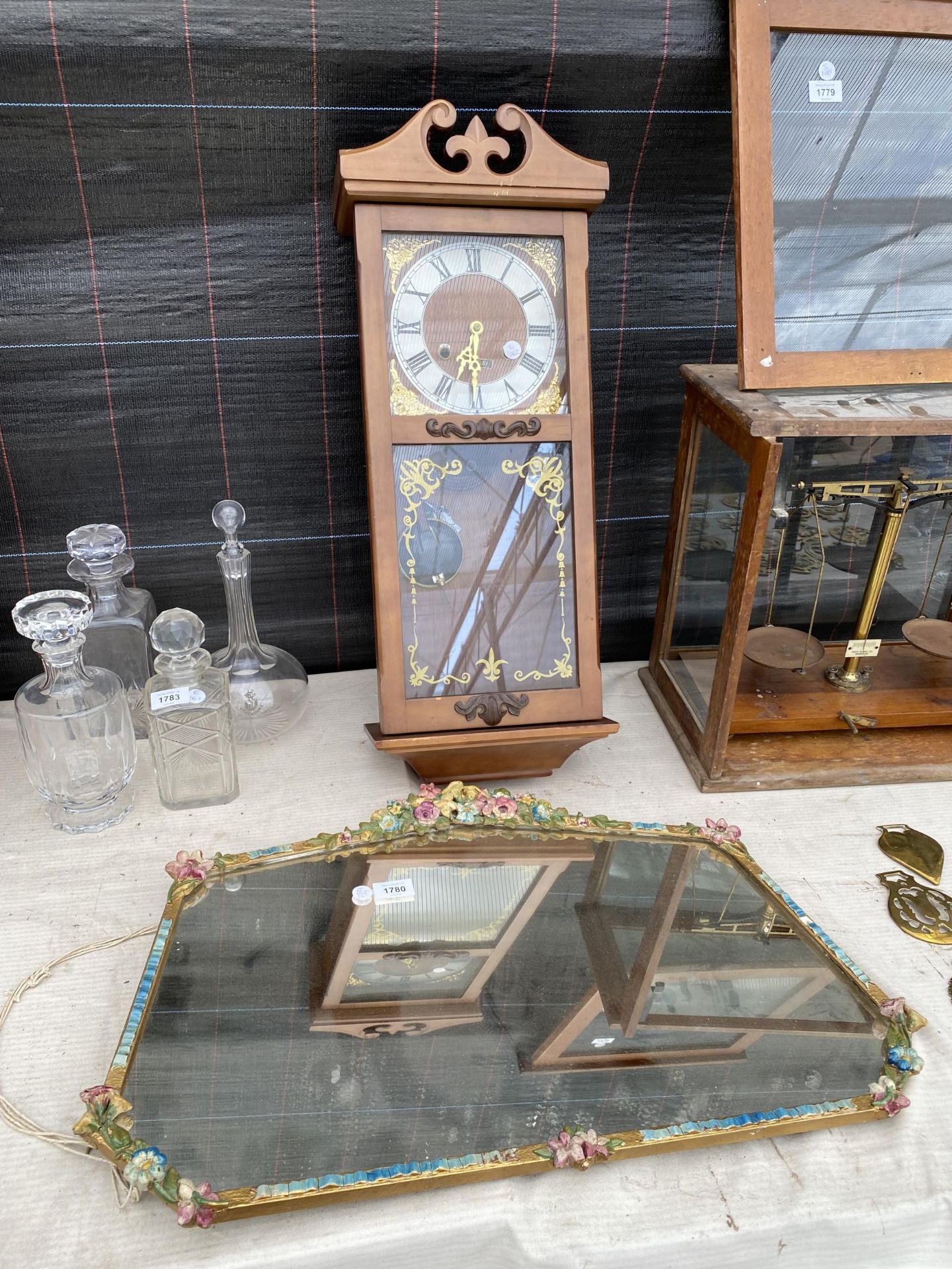 TWO ITEMS - A VINTAGE FLORAL BARBOLA MIRROR AND A MODERN 31 DAY CLOCK