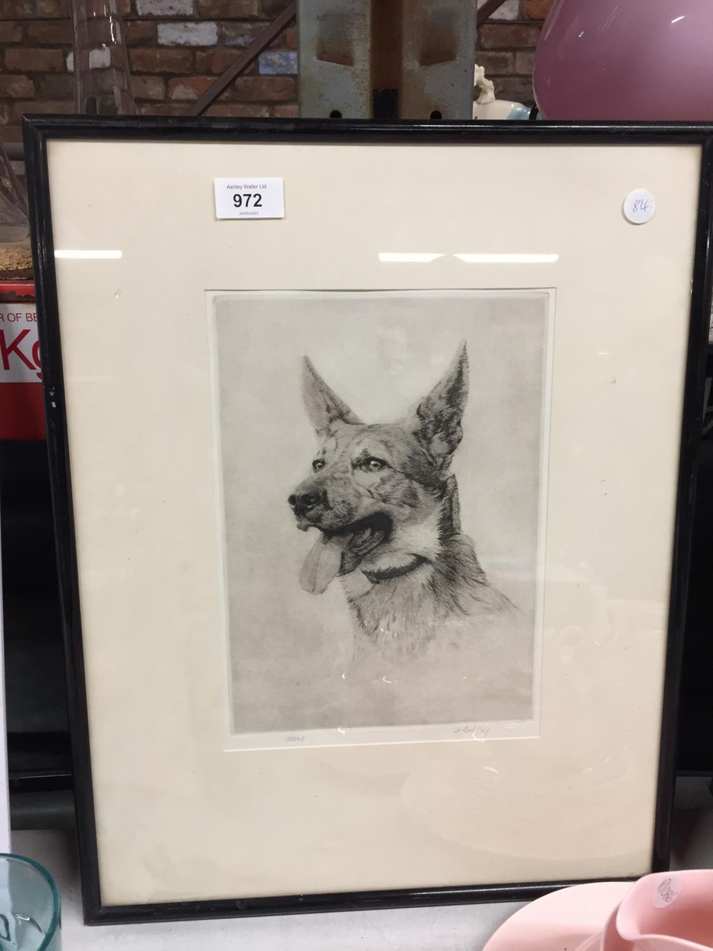 A FRAMED ARTIST PROOF PENCIL DRAWING OF A DOG 'ALERT' SIGNED 'GOFFEY'