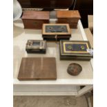 A GROUP OF ITEMS - THREE METAL CASH TINS, WOODEN BOXES ETC