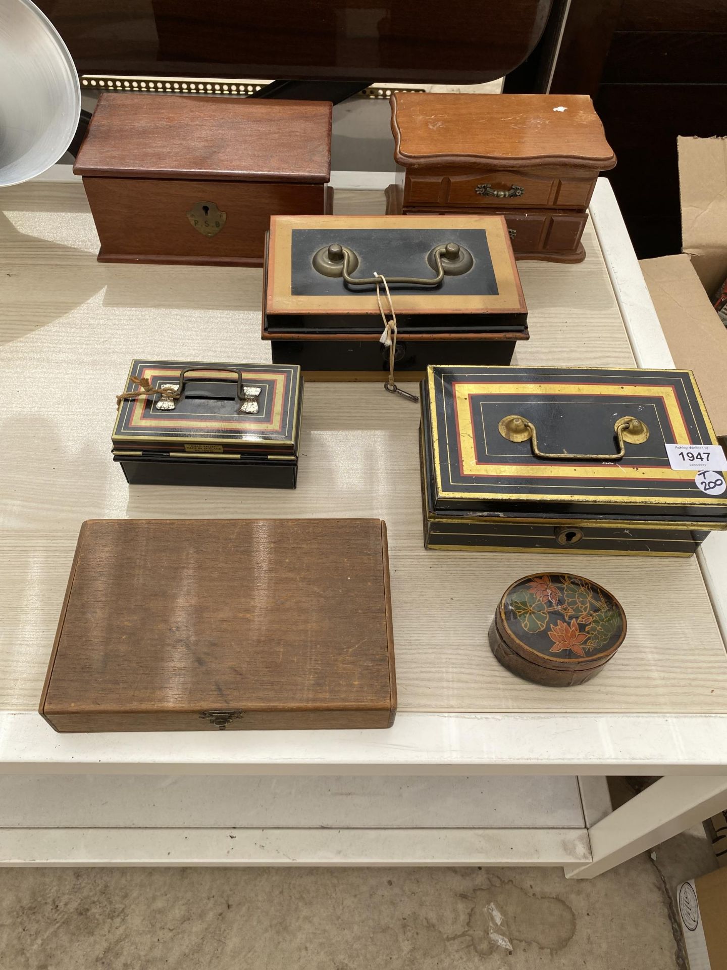 A GROUP OF ITEMS - THREE METAL CASH TINS, WOODEN BOXES ETC