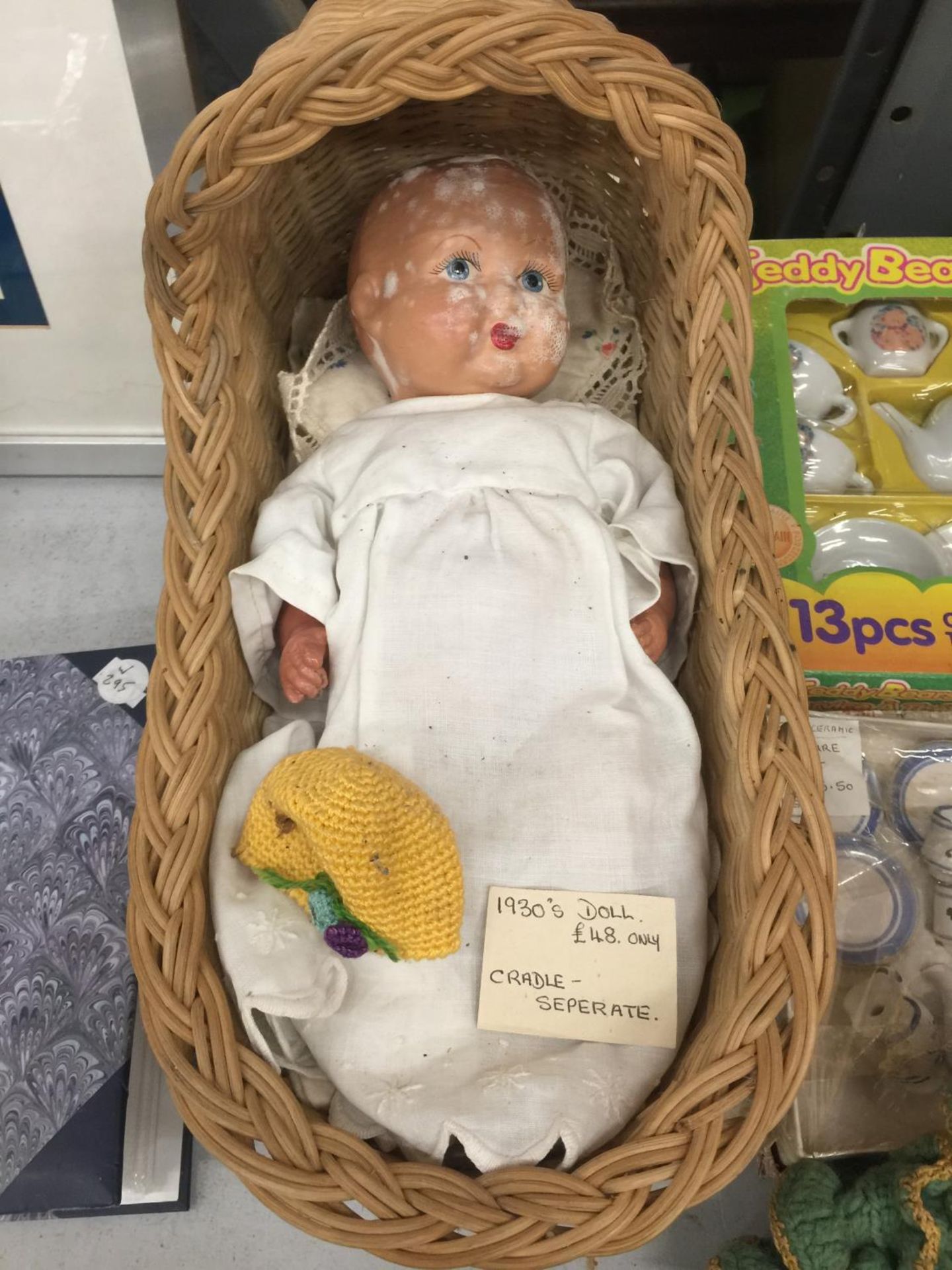 A VINTAGE 1930'S DOLL WITH WICKER CRADLE, TWO SMALLER DOLLS, A BOXED TEDDY BEARS TEA SET, A - Image 2 of 5