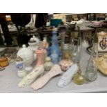 A MIXED GROUP OF VINTAGE ITEMS, WHITE GLASS LIDDED POTS, GLASS DOLPHIN SHAPES BOTTLES ETC