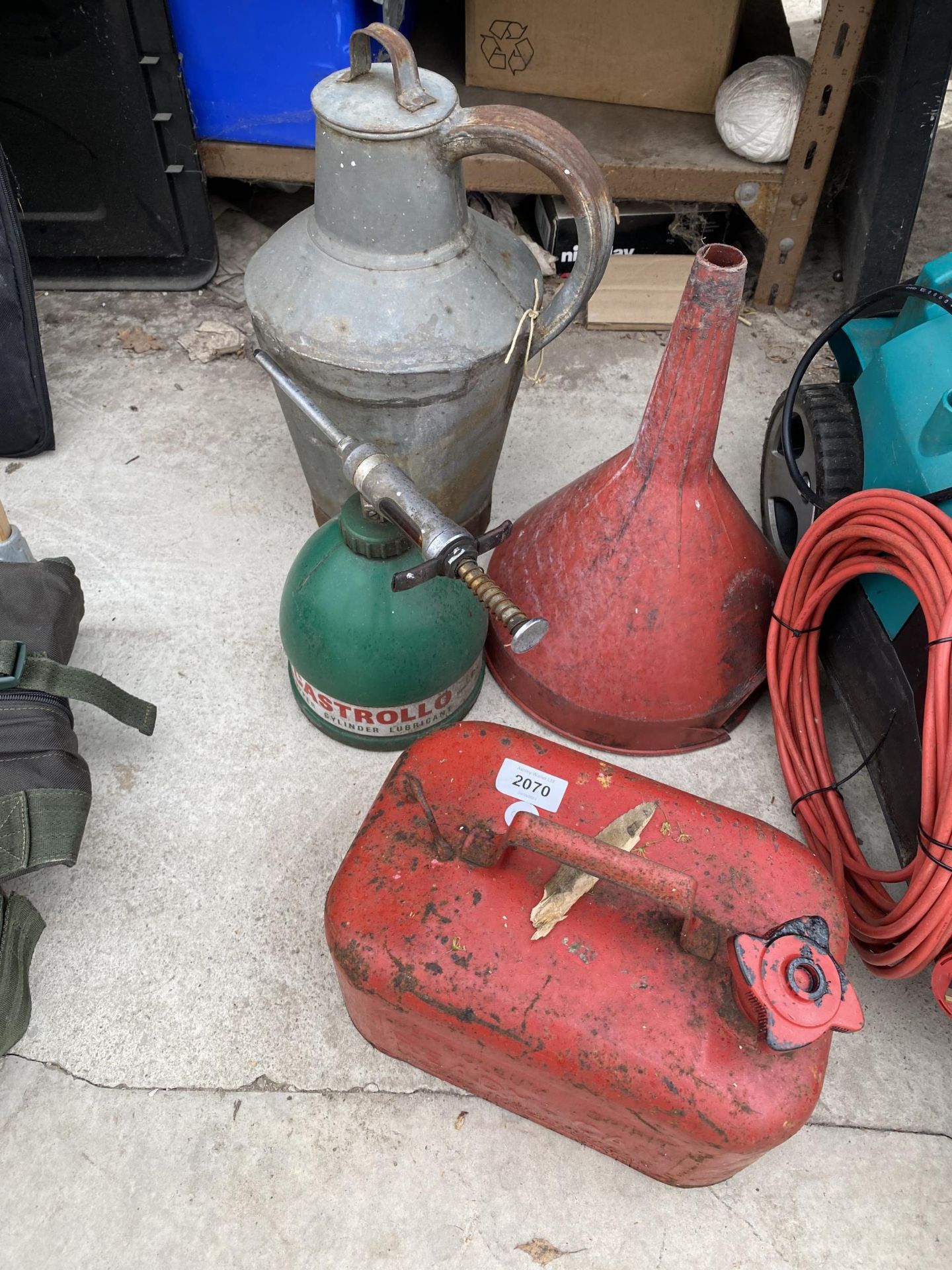 AN ASSORTMENT OF ITEMS TO INCLUDE A FUEL CAN AND A FUNNEL ETC