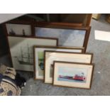 A QUANTITY OF FRAMED PRINTS AND PHOTOGRAPHS OF SHIPS AND CARS