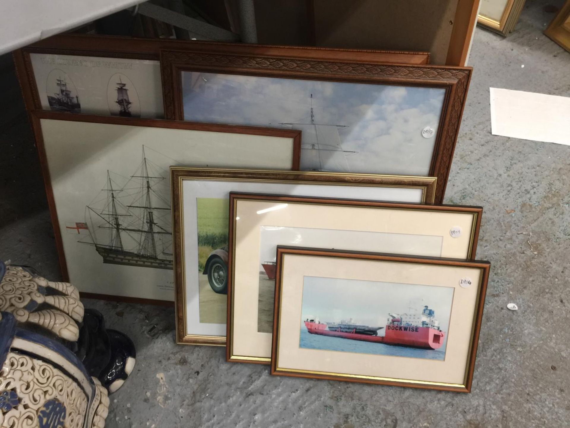 A QUANTITY OF FRAMED PRINTS AND PHOTOGRAPHS OF SHIPS AND CARS