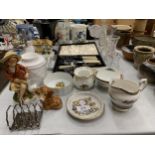 A MIXED LOT OF ITEMS, CASED SILVER PLATED FLATWARE, CUT GLASS, DOG FIGURE, EPNS TOAST RACK ETC