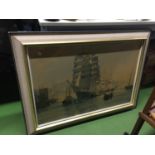 A LARGE FRAMED PRINT OF SHIPS 91CM X 65CM