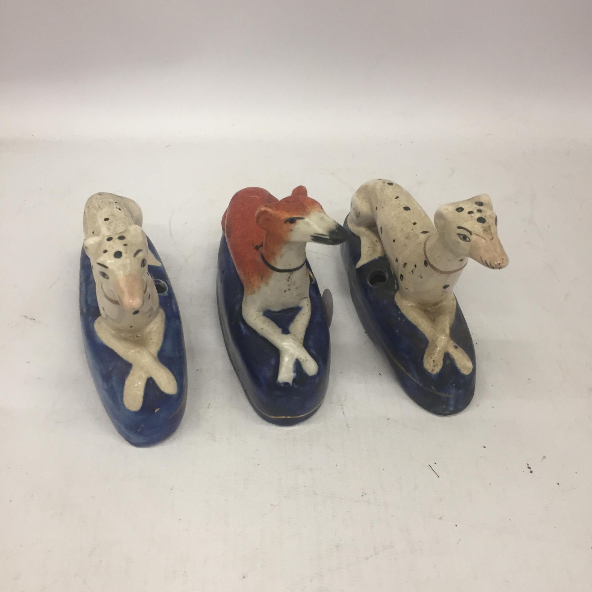 A PAIR OF STAFFORDSHIRE DALMATION INKWELLS AND FURTHER GREYHOUND EXAMPLE - Image 2 of 2