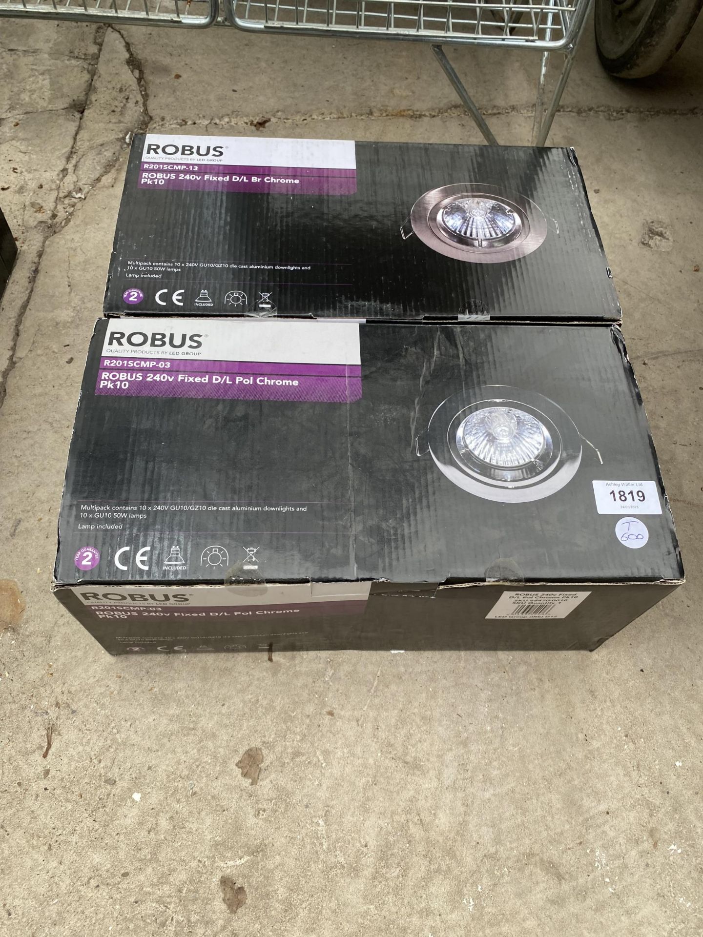 TWO BOXES OF 10 X ROBUS 240V FIXED LED CHROME LIGHTS